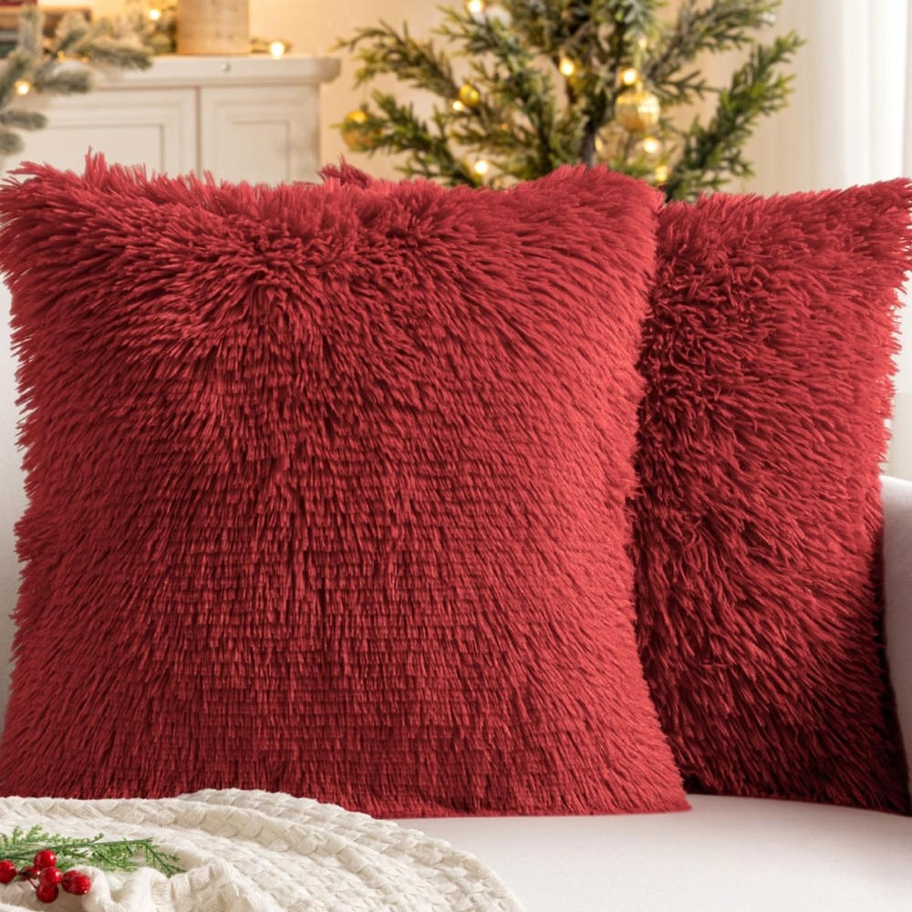 Cozy Red Faux Fur Throw Pillow Cover Set 20” 20”